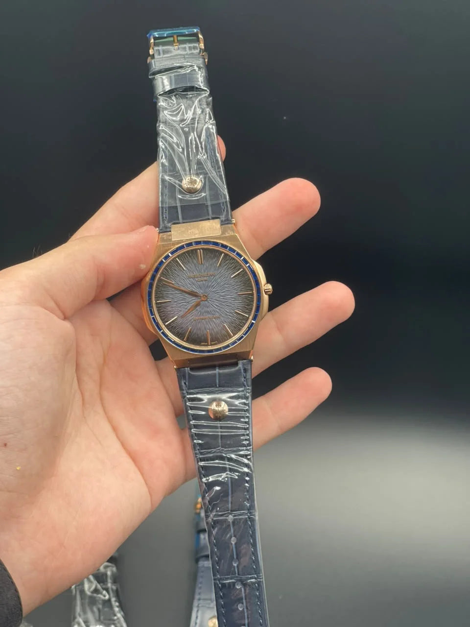 PP Blue Strap With Blue Slim Dial And Diamond Bezel Quartz Watch