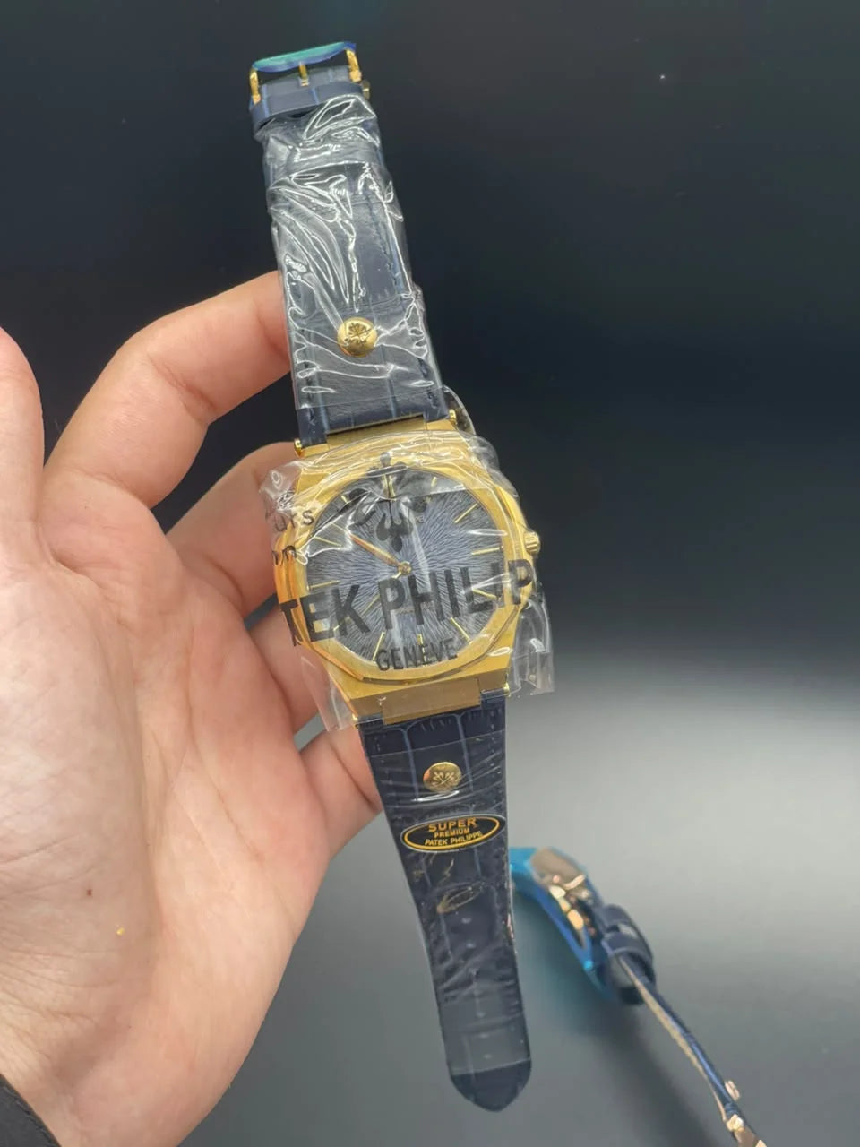 PP Blue Strap With Blue Slim Dial And Golden Bezel Quartz Watch