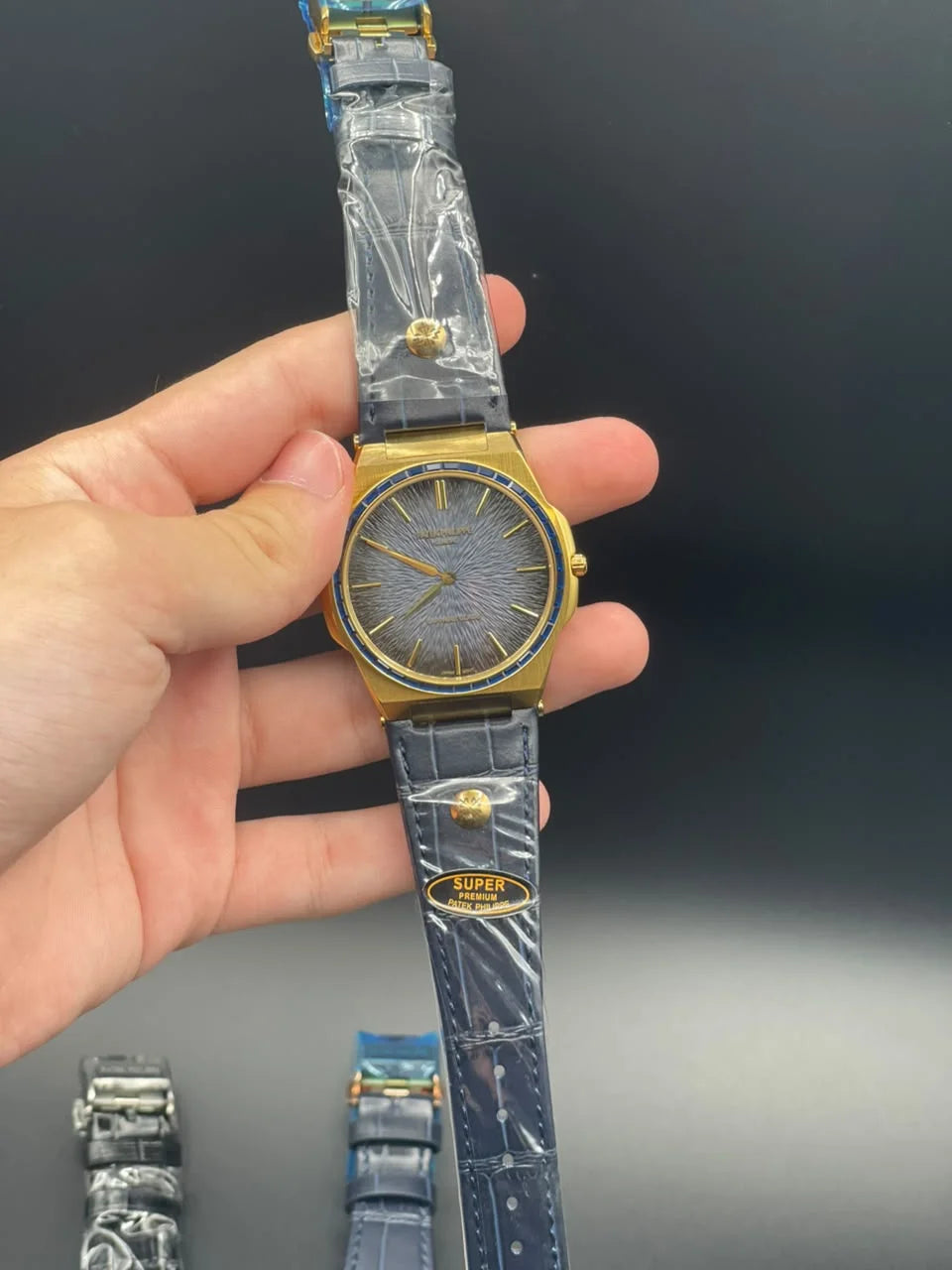 PP Blue Strap With Blue Slim Dial And Golden Diamond Bezel Quartz Watch