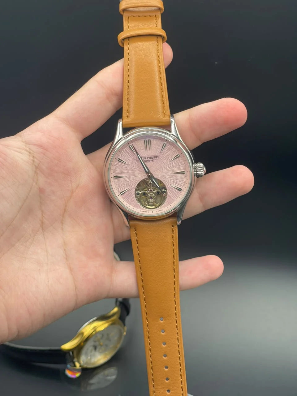 PP Brown Strap With Pink Open Heart Dial Automatic Watch