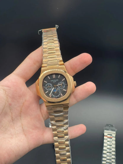 PP Gold Chain With Black Chronograph Moonphase Dial Automatic Watch
