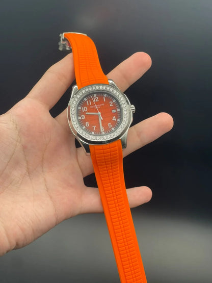 PP Orange Rubber Strap With Orange Dial And Diamond Bezel Automatic Watch