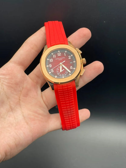 PP Red Rubber Strap With Red Dial And Golden Bezel Automatic Watch