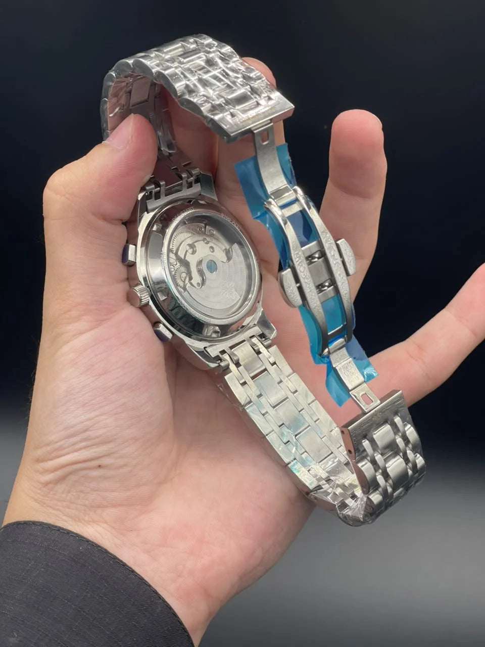 PP Silver Chain With Black Chronograph Open Heart Dial Automatic Watch