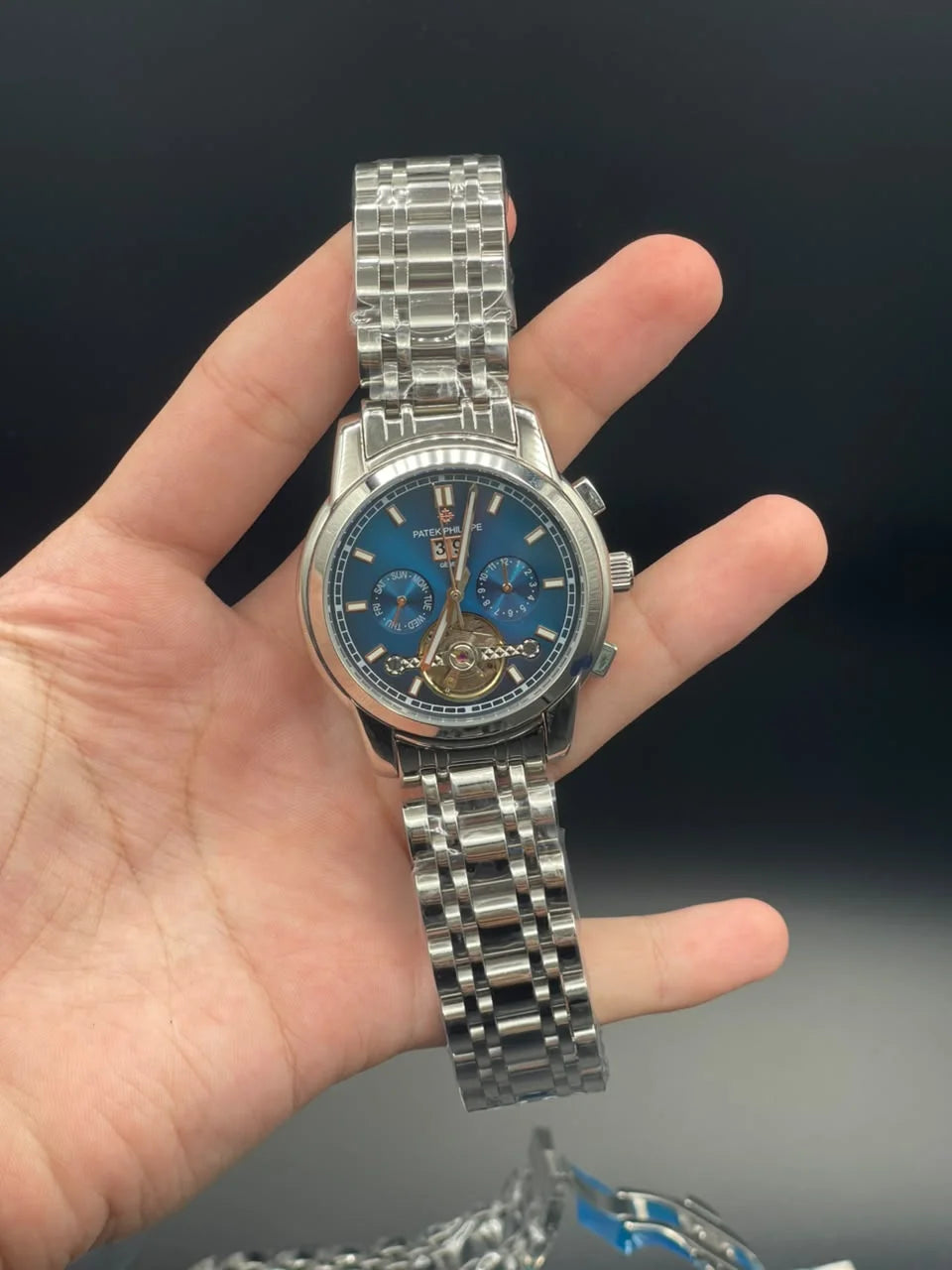 PP Silver Chain With Blue Chronograph Open Heart Dial Automatic Watch