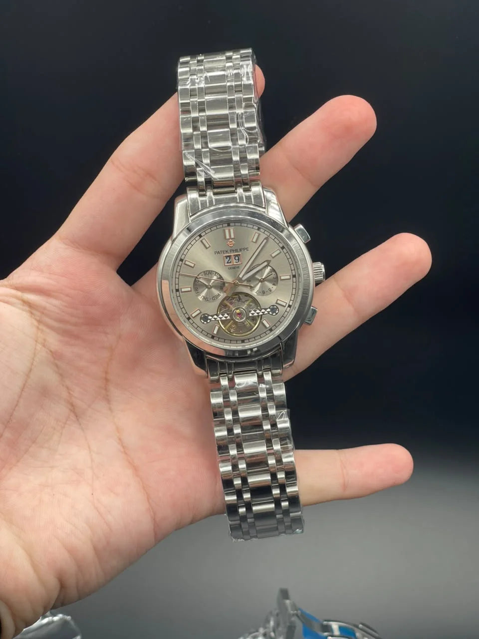 PP Silver Chain With Gray Chronograph Open Heart Dial Automatic Watch