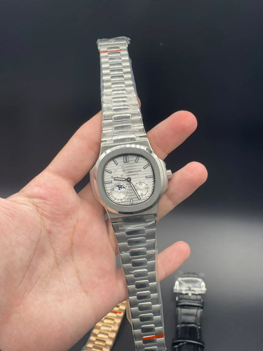 PP Silver Chain With White Power Reserve Dial Mechanical Watch