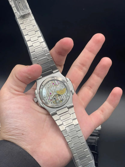 PP Silver Chain With White Power Reserve Dial Mechanical Watch