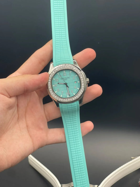 PP Tiffany Rubber Strap With Tiffany Blue Dial And Diamond Bezel Automatic Watch