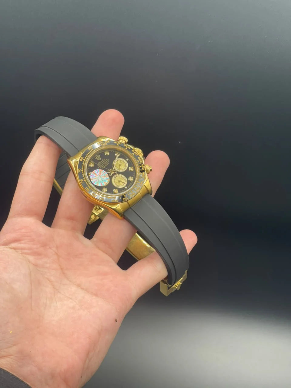 RLX Black Strap With Black And Golden Chronograph Dial Automatic Watch