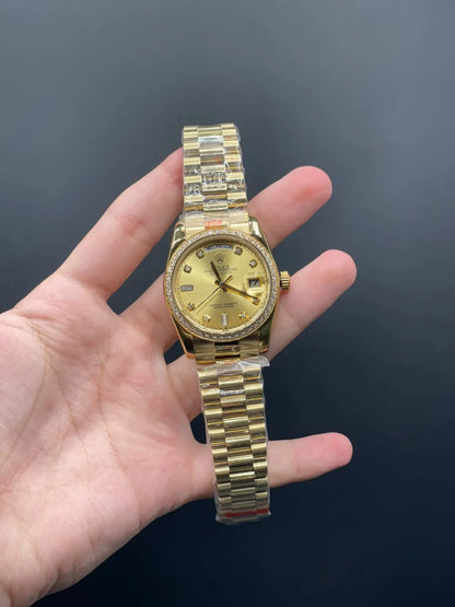 RLX Golden Presidential Chain With Golden Day-Date Dial With Diamond Bezel Automatic Watch