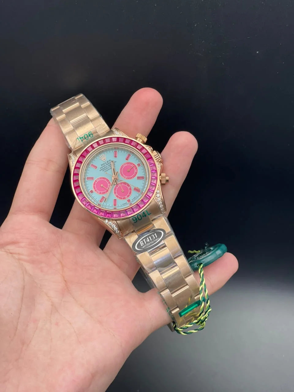 RLX Rose Gold Chain With Blue Chronograph Working Dial And Pink Diamond Bezel Automatic Watch