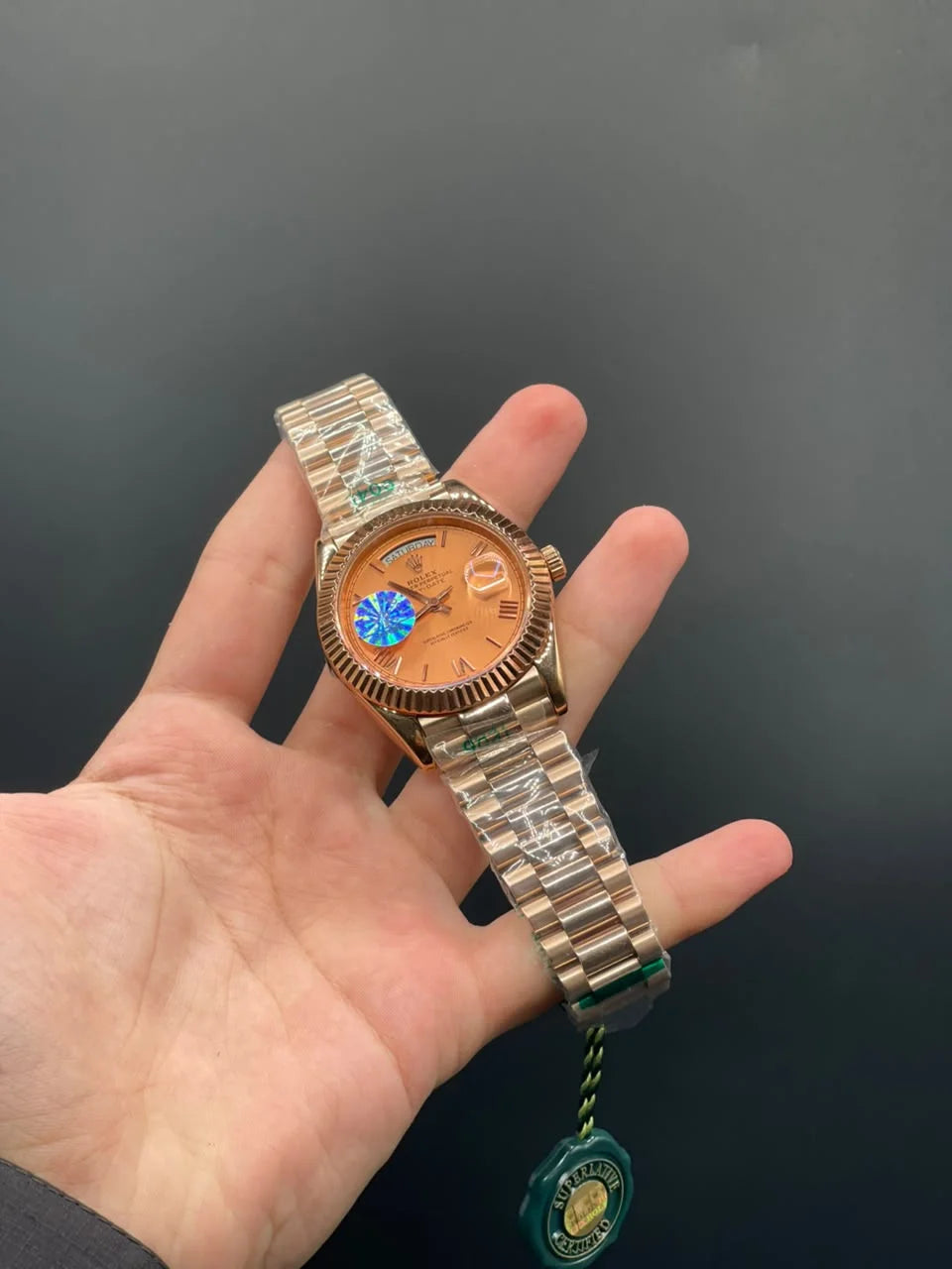 RLX Rose Gold Chain With Salmon Day-Date Dial Automatic Watch