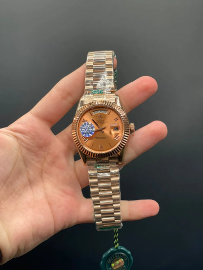 RLX Rose Gold Chain With Salmon Day-Date Dial Automatic Watch