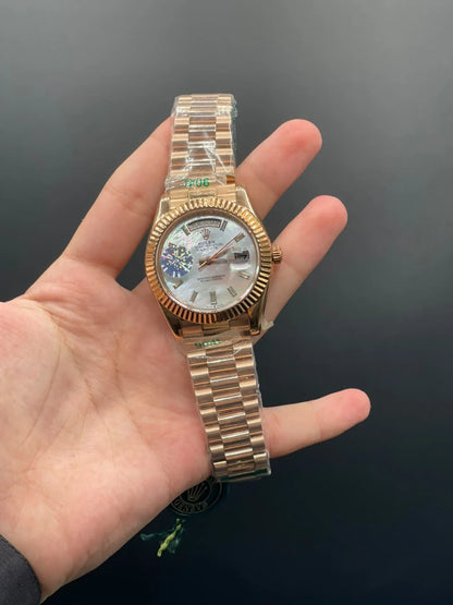 RLX Rose Gold Chain With White Mother Of Pearl Day-Date Dial Automatic Watch