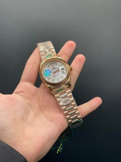 RLX Rose Gold Chain With White Mother Of Pearl Day-Date Dial Automatic Watch