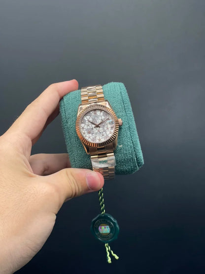 RLX Rose Gold Chain With White  Textured Dial Automatic Watch