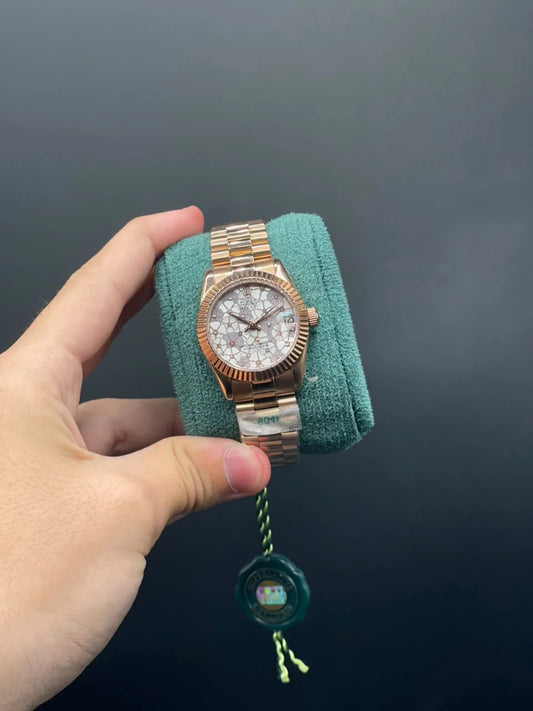 RLX Rose Gold Chain With White  Textured Dial Automatic Watch