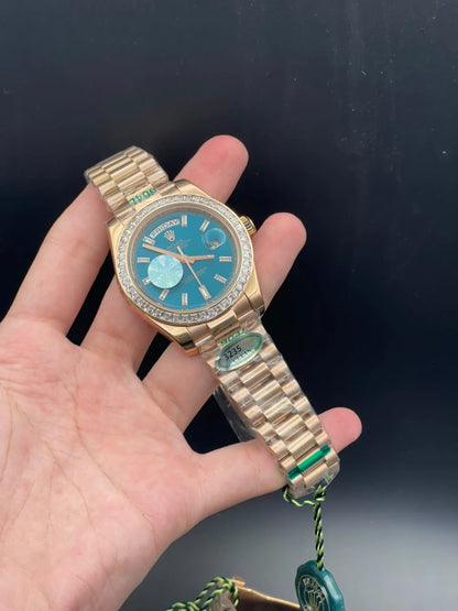 RLX Rose Gold Presidential Chain With Blue Day-Date Dial And Diamond Bezel Automatic Watch