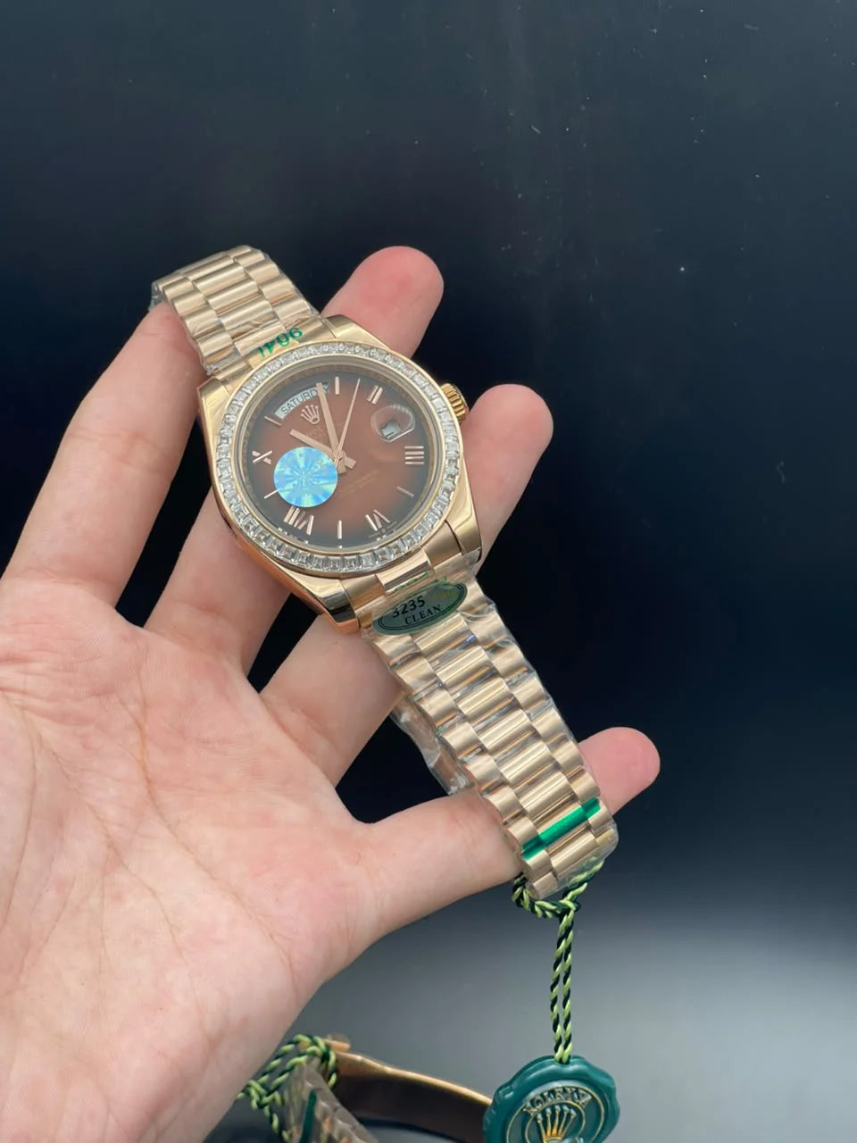 RLX Rose Gold Presidential Chain With Chocolate Day-Date Dial And Diamond Bezel Automatic Watch