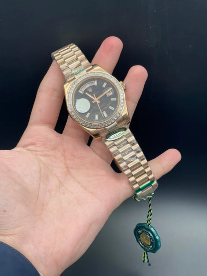 RLX Rose Gold Presidential Chain With Textured Day-Date Dial And Diamond Bezel Automatic Watch