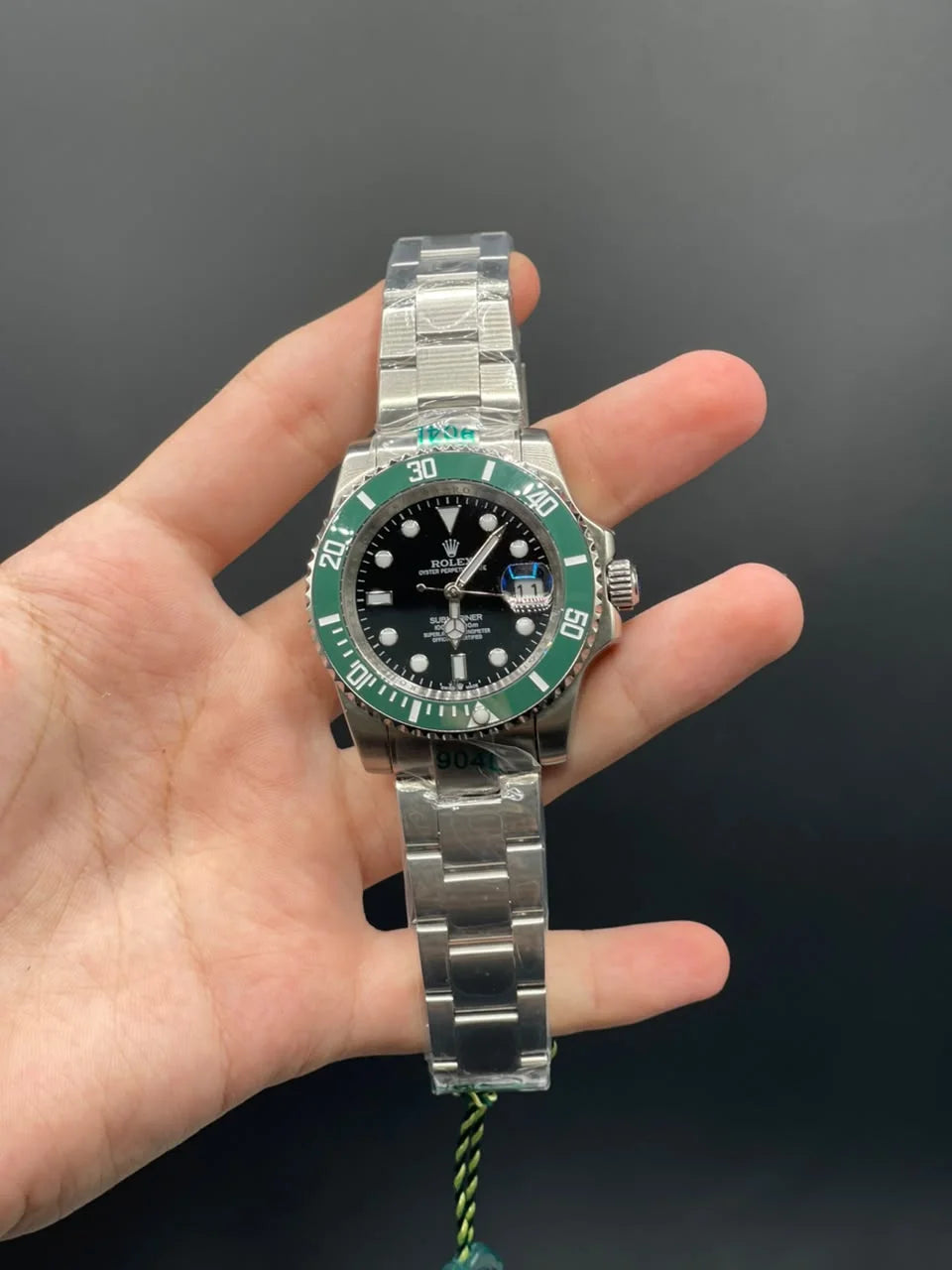 RLX Silver Chain With Black Dial With Green Rotatable Bezel Automatic Watch