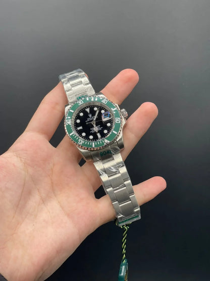 RLX Silver Chain With Black Dial With Green Rotatable Bezel Automatic Watch