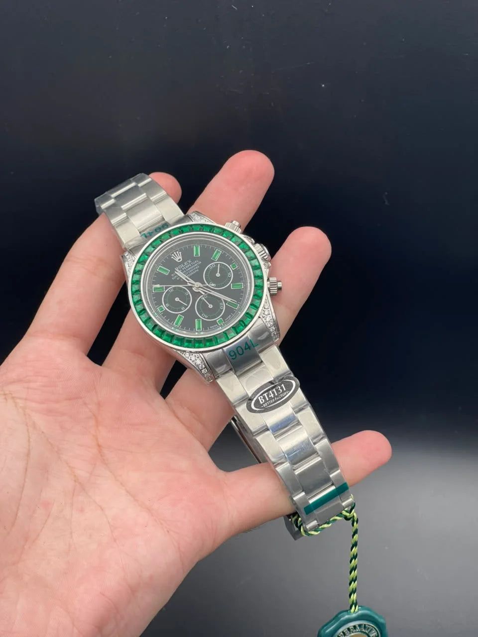 RLX Silver Chain With Black Diamond Dial And Green Diamond Bezel Automatic Watch