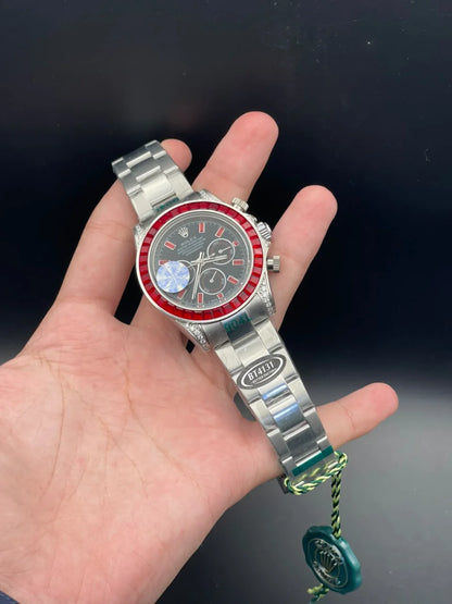 RLX Silver Chain With Black Diamond Dial And Red Diamond Bezel Automatic Watch