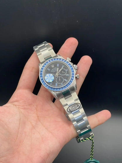 RLX Silver Chain With Black Textured Chronograph Dial And Blue Diamond Bezel Automatic Watch