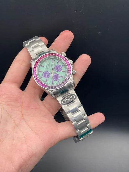 RLX Silver Chain With Blue Chronograph Dial And Pink Diamond Bezel Automatic Watch