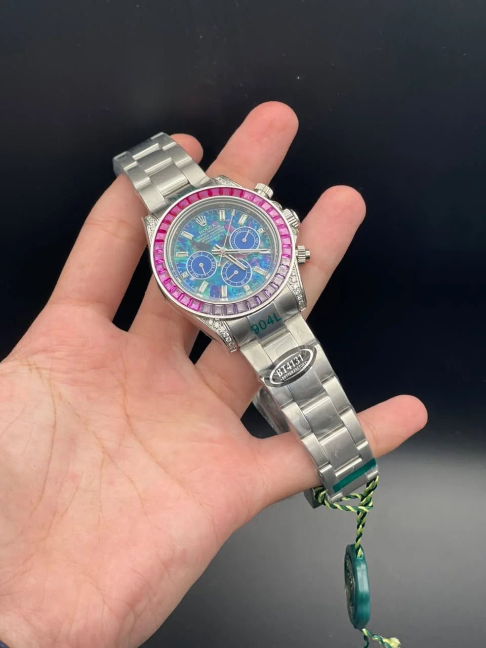 RLX Silver Chain With Blue Diamond Dial And Pink Diamond Bezel Automatic Watch