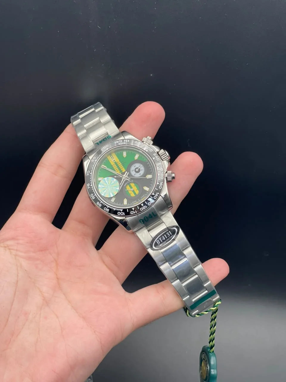 RLX Silver Chain With Green And Yellow Chronograph Dial Automatic Watch