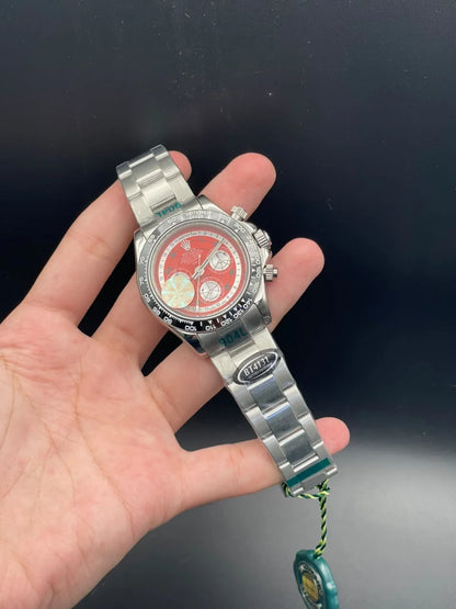 RLX Silver Chain With Red And White Chronograph Dial Automatic Watch
