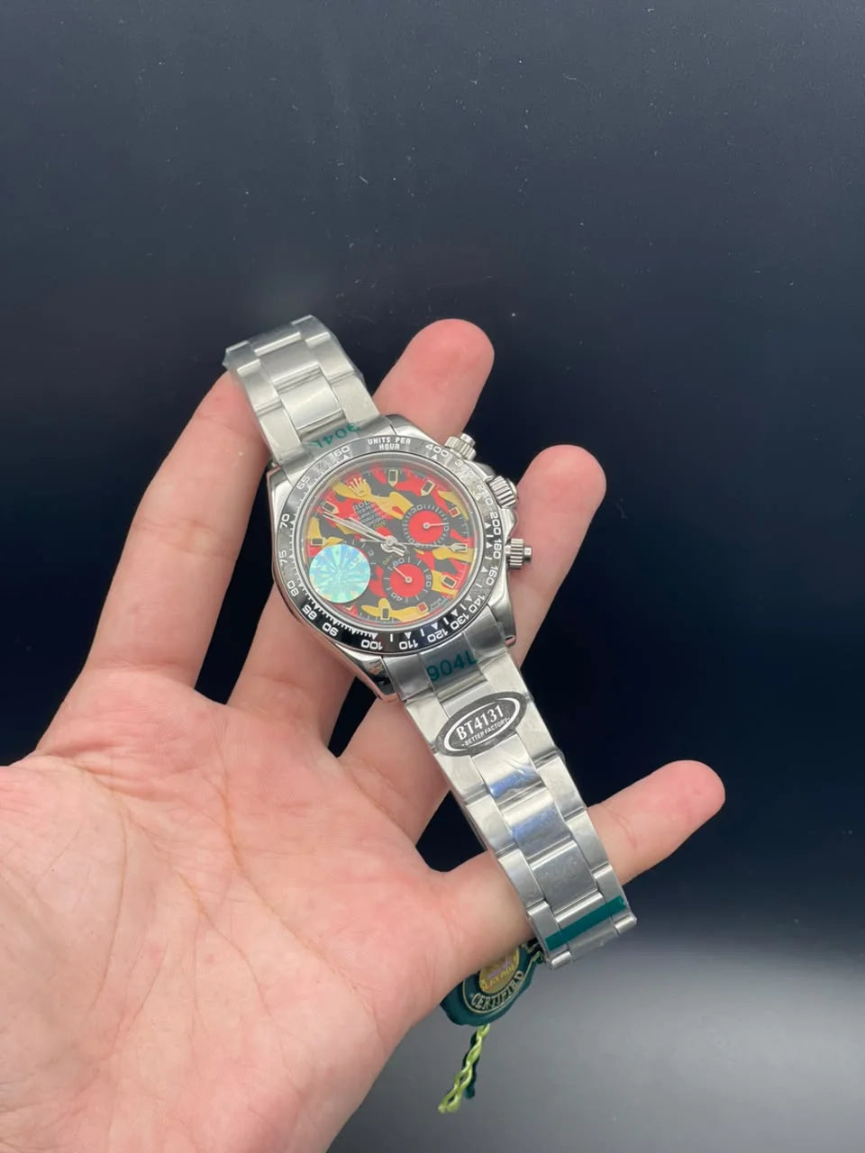 RLX Silver Chain With Red And Yellow Chronograph Dial Automatic Watch
