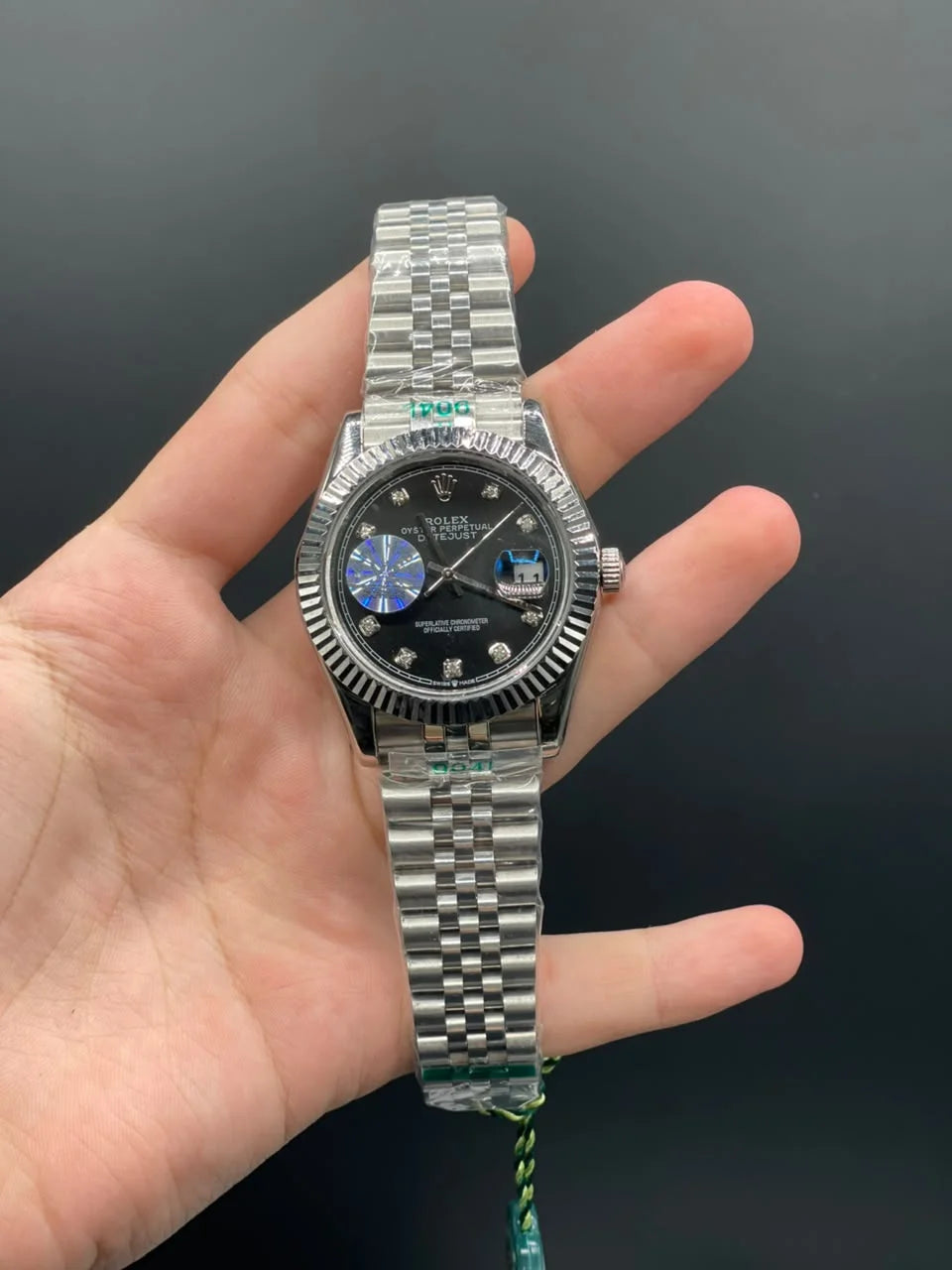 RLX Silver Jubilee Chain With Black Dial With Diamond Hour Markers Automatic Watch