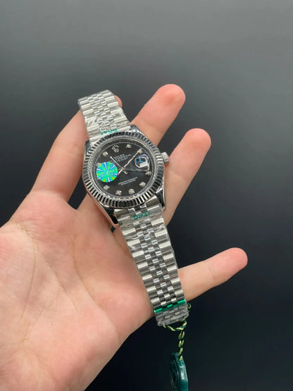 RLX Silver Jubilee Chain With Black Dial With Diamond Hour Markers Automatic Watch
