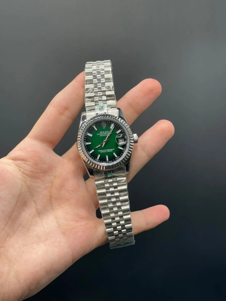 RLX Silver Jubilee Chain With Green Ombre Datejust Dial Automatic Watch