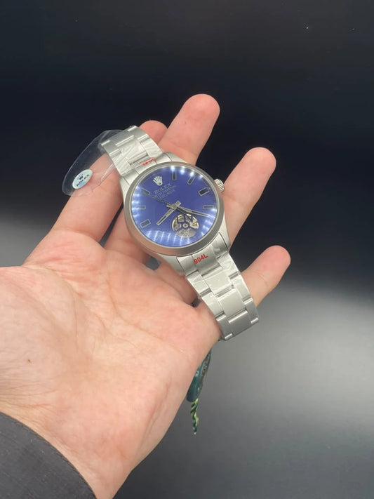 RLX Silver Matte Chain With Blue Open Heart Dial Automatic Watch