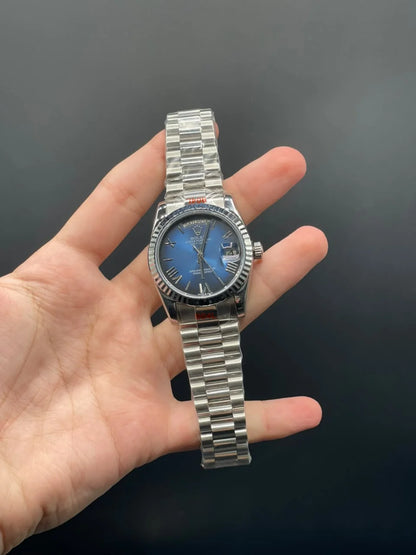 RLX Silver Presidential Chain With Blue Ombre Day-Date Dial Automatic Watch