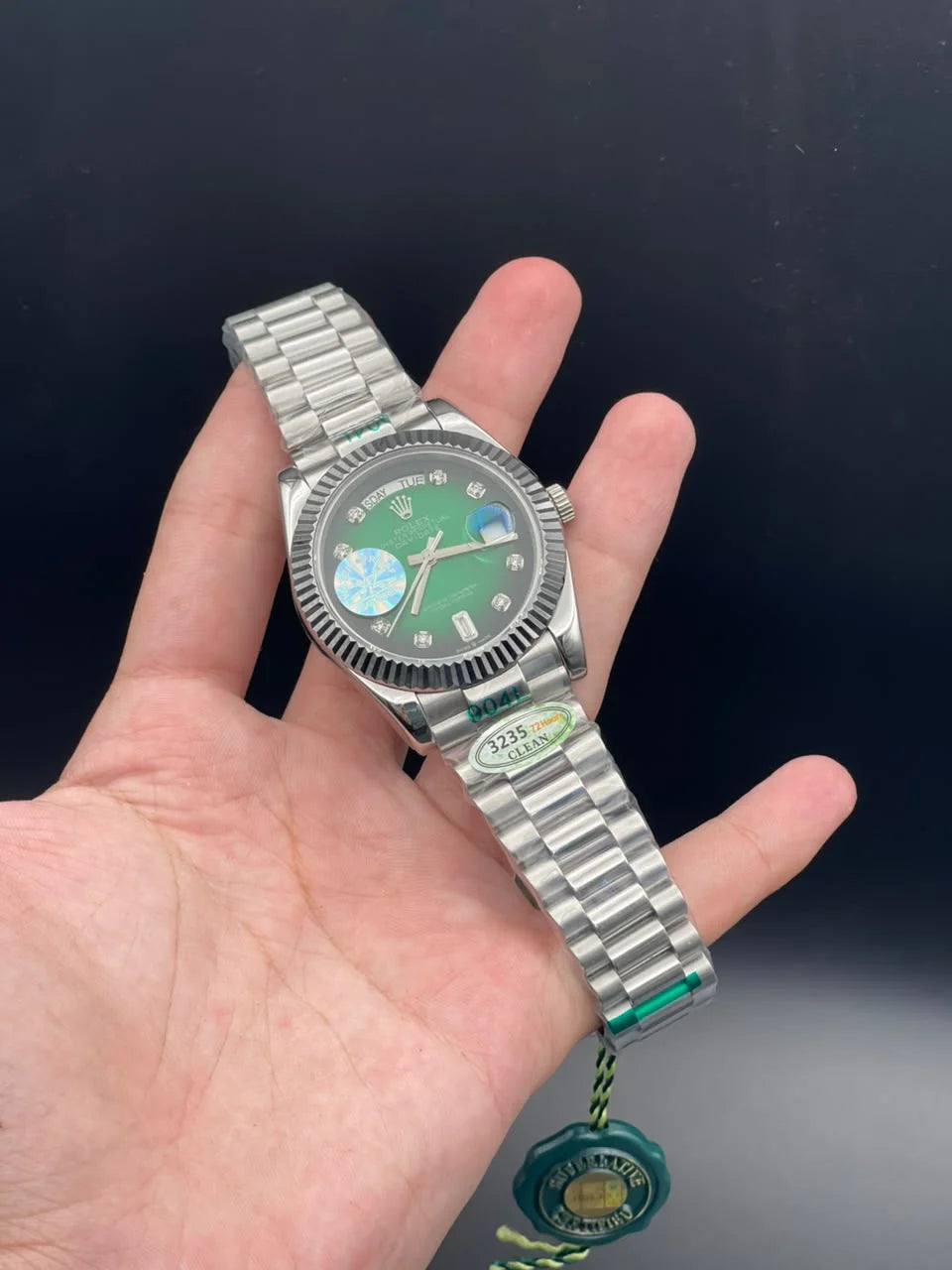 RLX Silver Presidential Chain With Green Day-Date Dial Automatic Watch