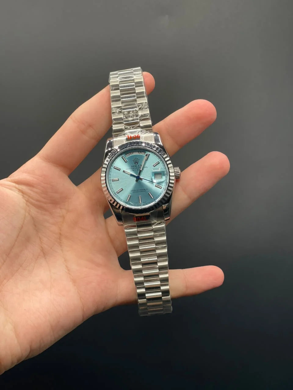 RLX Silver Presidential Chain With Ice Blue Day-Date Dial Automatic Watch