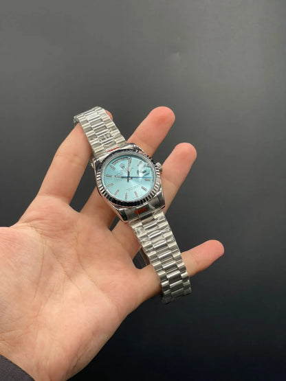 RLX Silver Presidential Chain With Ice Blue Day-Date Dial Automatic Watch