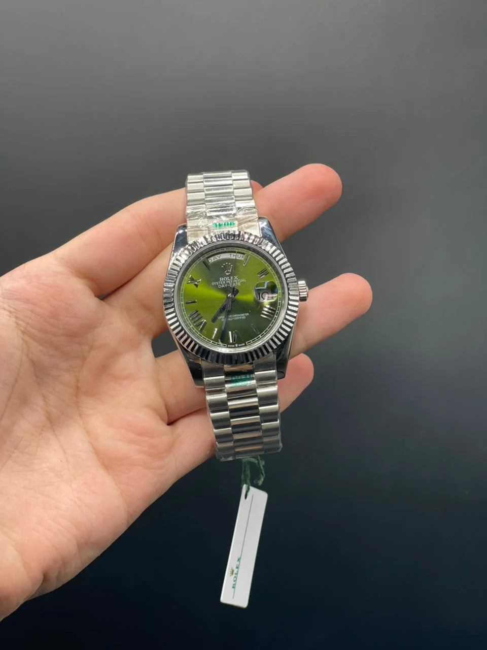 RLX Silver Presidential Chain With Olive Day-Date Dial Automatic Watch