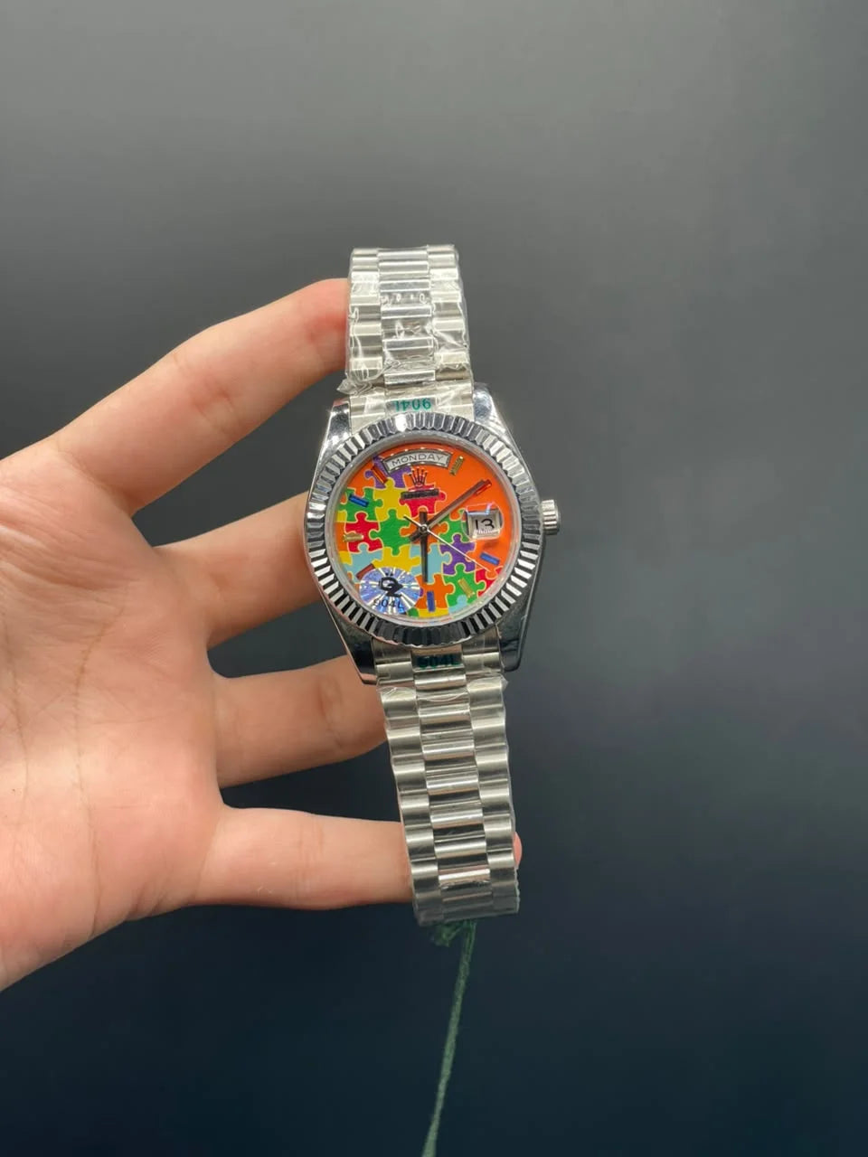 RLX Silver Presidential Chain With Puzzle Day-Date Dial Automatic Watch