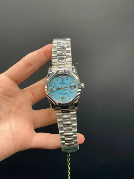 RLX Silver Presidential Chain With Tiffany Stone Day-Date Dial Automatic Watch