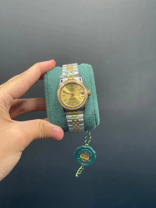 RLX Two Tone Chain With Golden Dial With Diamond Bezel Automatic Watch