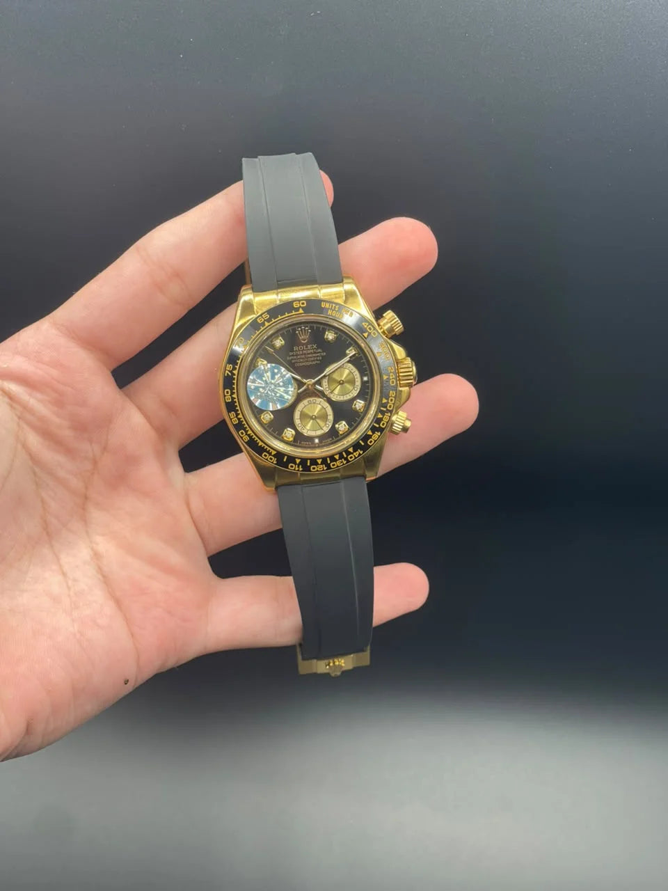 RLX Black Strap With Black And Golden Chronograph Dial Automatic Watch