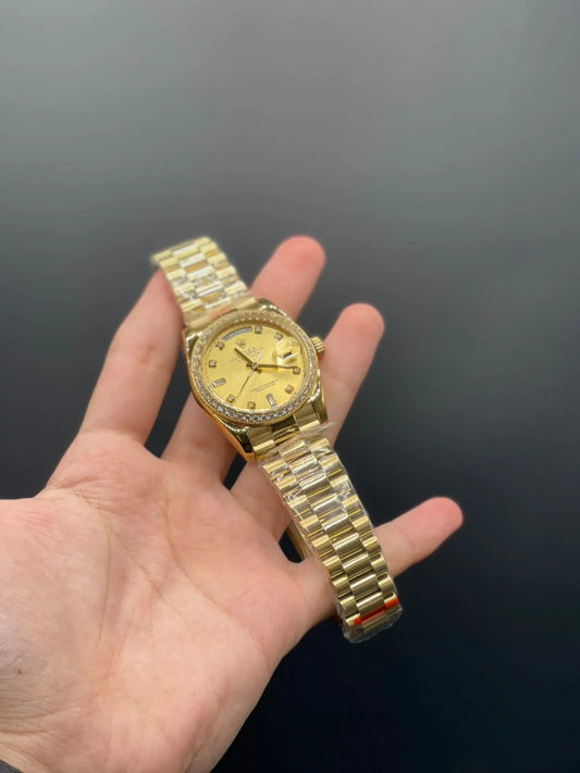 RLX Golden Presidential Chain With Golden Day-Date Dial With Diamond Bezel Automatic Watch
