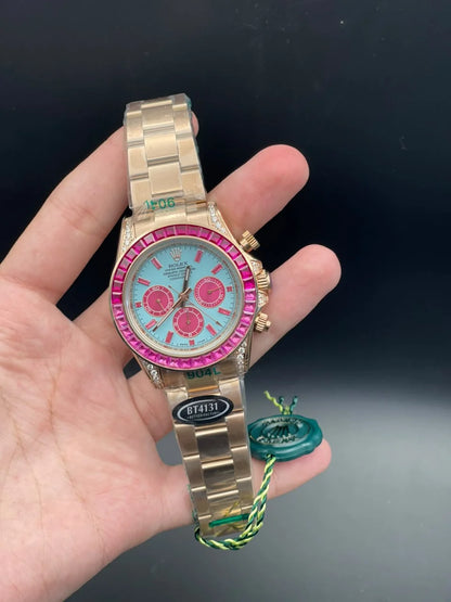 RLX Rose Gold Chain With Blue Chronograph Working Dial And Pink Diamond Bezel Automatic Watch